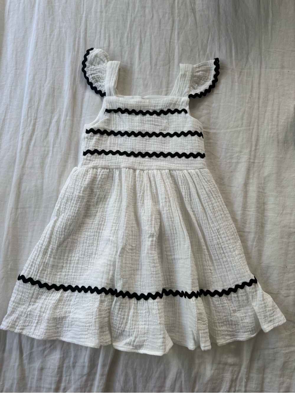 White Cotton Ruffle Dress with Black Trim for Girls
